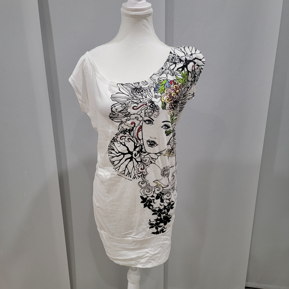 Marc Ecko White One Shoulder Top with Artistic Print